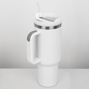 Cream 40 Oz Stainless Steel Tumbler Handle Lid Straw Insulated Vacuum Flask <b>Large</b> Capacity Office Cup for Office Car Home - Product Image 2