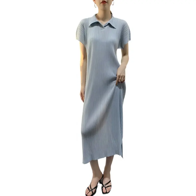 Miyake Loose Large Size Dress 2023 Summer New Style Casual Classy Simple Shirt Collar Mid-Length Dress