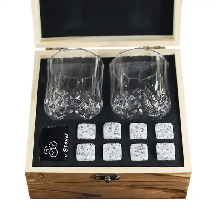 Fabrik preis Liquor Granite Chilling Eiswürfel Bar Zubehör Whisky Glas Geschenks teine Set in Holzkiste für Männer