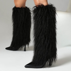 Large Size 46 Women High Heels Plush Fur Long Booties on Fluffy Knee High <b>Boots</b> Winter Furry Snow Shoes - Product Image 3
