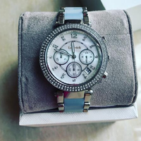 Montre-bracelet chronographe unisexe MKOriginals, lunette sertie de diamants, bracelet en métal bicolore, cadran en nacre, date, mouvement à quartz