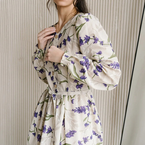 Vendita calda donna <span class=keywords><strong>lavanda</strong></span> stampa floreale <span class=keywords><strong>abito</strong></span> Midi manica a palloncino con scollo a V <span class=keywords><strong>abito</strong></span> Vintage elegante per abbigliamento Casual e Party - Product Image 3