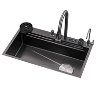Robinet de cuisine multifonction noir brossé à trou unique, à montage sur plan, avec douchette extractible et ensemble évier en acier inoxydable avec mitigeur