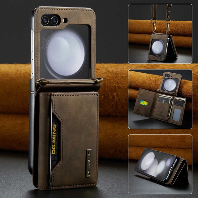 Leather Vintage Flip Case for Samsung Z Flip 8 7 6 5 4 3 Crossbody Wallet Shockproof Card Holder Protective Cover