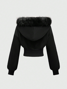 <b>Women's</b> <b>Black</b> Faux Fur Trim Cropped <b>Hoodie</b> <b>Zip</b> Up Embroidered Sweatshirt Slim Fit Casual Jacket - Product Image 4