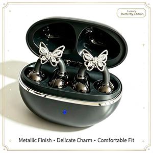 Butterfly Charm Open Ear Clip <b>Bluetooth</b> Earbuds Premium Metallic Finish Compact Portable Case HiFi Stereo Daily Music Earbuds - Product Image 6