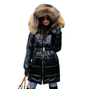 Повседневная Женская парка средней длины с хлопковой подкладкой, 2023 осенне-зимнее женское пальто с большим меховым воротником, блестящая теплая куртка с капюшоном