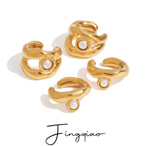 Yueli Pearl <b>Cuff</b> <b>Earrings</b> Gold Tone Bezel Set Stainless Steel Everyday Wear Geometric Design - Product Image 1