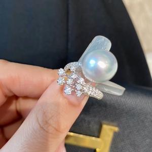 Anillo de Plata de Ley S925 con Perla Blanca Australiana Redonda y Circonita Blanca Grande, Diseño de Cielo Estrellado Brillante, Chapado en Oro de 18K - Product Image 3