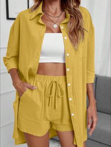 Bộ đồ nữ thời trang bán chạy gồm áo sơ mi tay bồng cổ trụ và quần short chất liệu cotton linen hai mảnh - Product Image 4