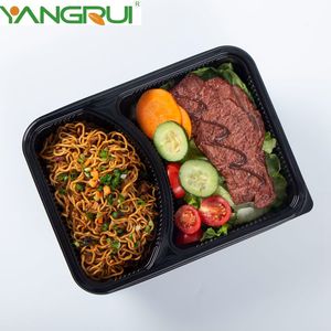 BPA Free PP Plastic Black Microwave Disposable Food Container Take Out 2 Compartment Food Boxes With Clear Lid