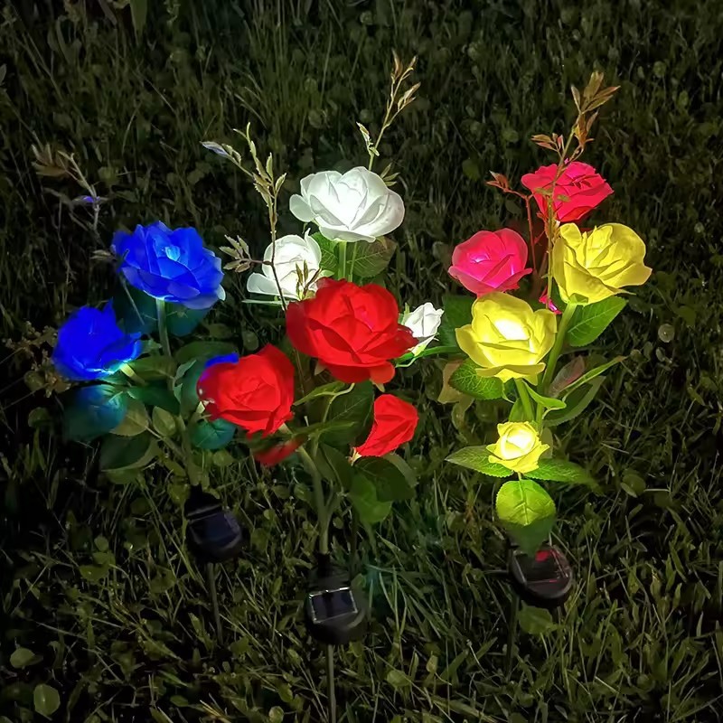 Outdoor IP65 Waterproof LED Solar Rose Flower Garden Lights Auto ON/OFF 180 Beam Angle for Landscape Walkway Pathway Lighting