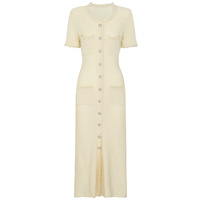 Robe longue décontractée haut de gamme pour femme, tricotée, à manches courtes, avec boutons perlés et poches décoratives, pour un look quotidien élégant.