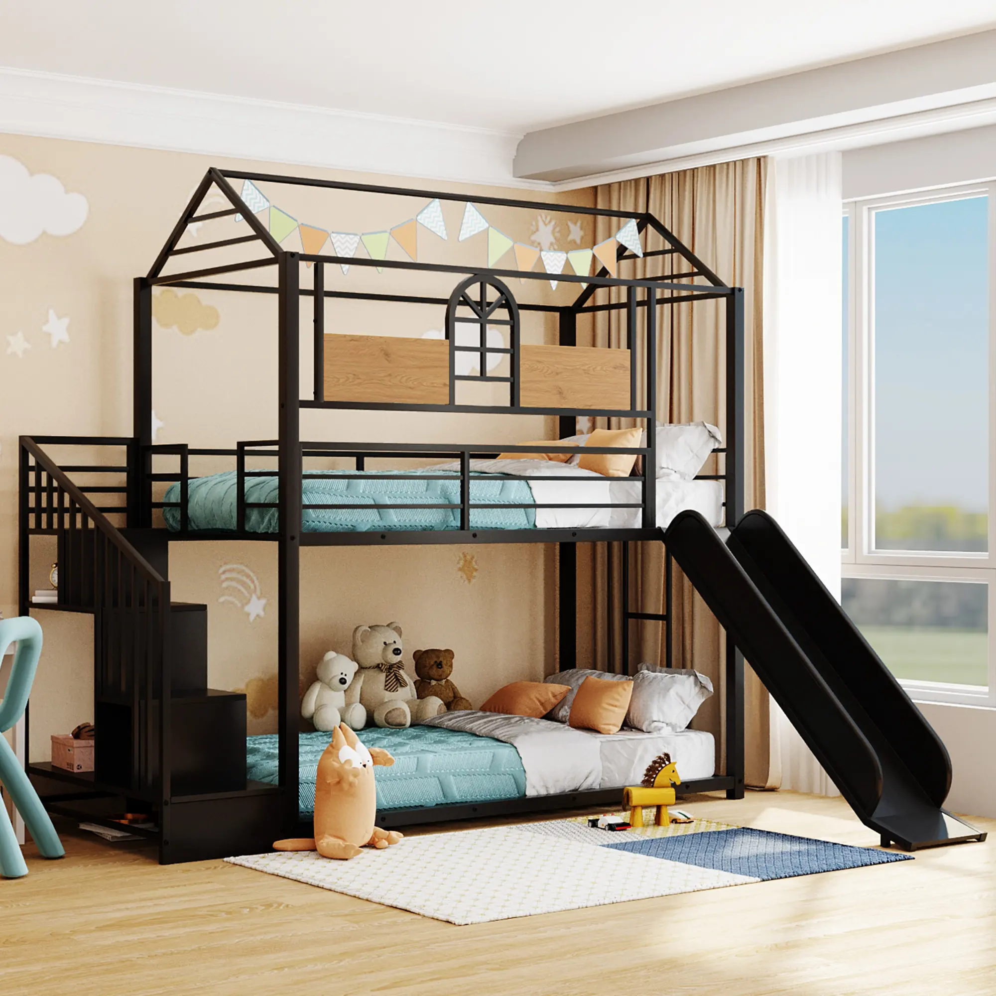 Bellemave bedroom furniture House-shaped children's playground metal bed with slide and stairs slide bed frame