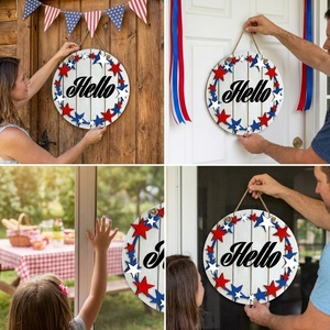 Insegna Rotonda in Legno per Porta del 4 Luglio, Ghirlanda con Stelle 3D, Decorazione Patriottica Rustica per Porta d'Ingresso, Vendita all'Ingrosso per il Giorno dell'Indipendenza - Product Image 3