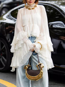 Chemise élégante pour femmes, en maille, à volants, à manches longues, asymétrique, tendance - Product Image 6