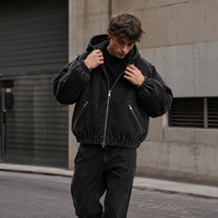 Veste décontractée pour homme avec logo personnalisé, en velours côtelé délavé, à capuche, fermeture éclair, poches angulaires et ourlet élastique, style streetwear