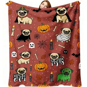 Red Halloween Pug Parade Flannel <b>Blanket</b> Throw <b>Blanket</b> Nap <b>Blanket</b> Party Decor Horror Gift Machine Washable Fade Resistant - Product Image 1