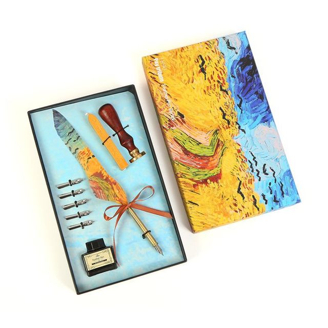 Van Gogh Oil Painting Feather Pen Wax Seal Stamp Kit Wax Seal Stamp Box Kit with Wood Handle