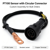 Capteur de température PT100 avec câble tressé noir, connecteur circulaire, borne annulaire en cuivre, fabrication OEM personnalisée, vente en gros