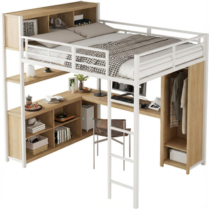 Queen Size Modern Metal <strong>Loft</strong> <strong>Bed</strong> <strong>Frame</strong> with Built-in Wardrobe Desk Storage Shelves in White Wood-grain for Hotel Apartment Use - Product Image 2