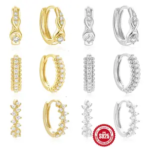Fashion Jewelry 925 Sterling Silver Geometric Number 8 Twist Full Diamond Mini Round Zircon Gold Plated Hoop Earrings Women