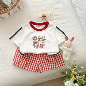 Girls Cartoon Short Sleeve Set Plaid Shorts Two Piece Breathable Summer Casual <b>Clothes</b> - Product Image 1