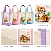 Sac fourre-tout en toile écologique avec logo personnalisé, motif de lettres brodées mignonnes, blocs de couleurs pastel, mini sac à bandoulière avec poche avant pour le shopping