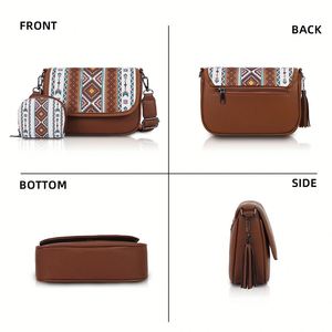 Sac messager en toile pour femme, style bohème ethnique, sac à bandoulière en PU avec pompon - Product Image 3