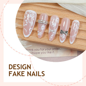 Faux ongles de luxe à presser en dentelle, style stiletto, <span class=keywords><strong>avec</strong></span> nœud 3D et <span class=keywords><strong>strass</strong></span>, lot de 24 pièces pour mariée, ongles artificiels à presser - Product Image 3