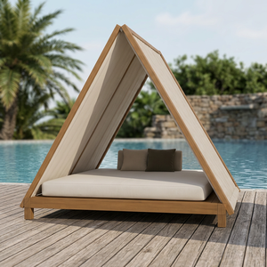 Teak Wood Poolside Cabana Double Daybed Pavilion with Triangular A Frame Roof - Product Image 1