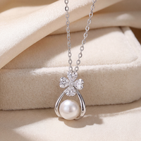 Collar de Plata S925 con Perla de Agua Dulce y Colgante de Flor de Trébol con Circonitas, Joyería Elegante, Regalo para Mujeres y Niñas