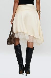 Jupe asymétrique superposée en satin avec ceinture, taille naturelle, longueur genou, détails brodés - Jupe décontractée printemps/automne - Product Image 5