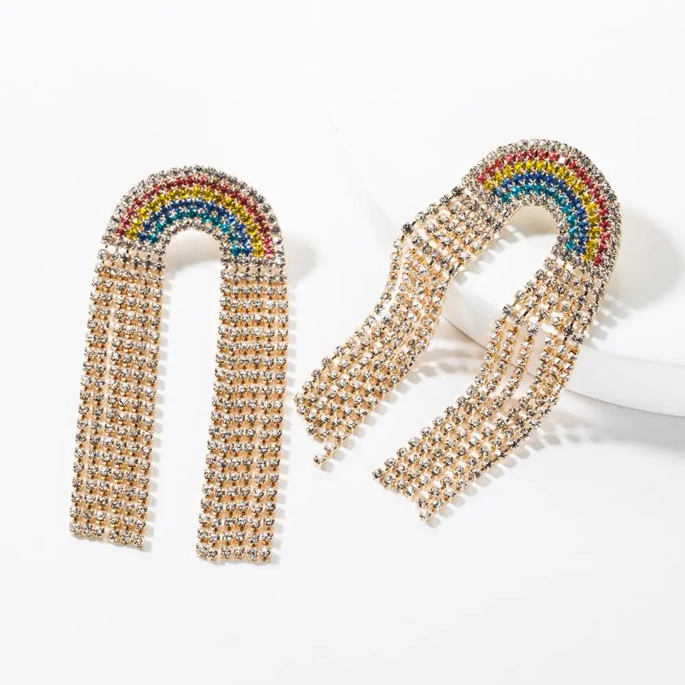 statement earrings jewelry women crystal chain tassel earrings rainbow earrings 2021