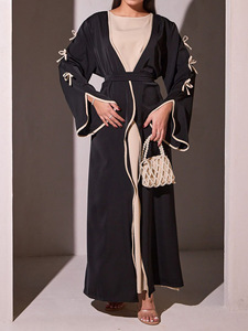 Nuovo autunno a buon mercato medio-orientale alla moda con fiocco in poliestere arabia lunghezza alla caviglia tinta unita Casual morbido e confortevole Abaya con cintura - Product Image 5