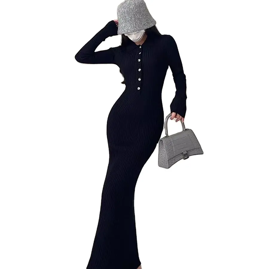 Spring and Autumn French Sexy Knitted Dress Women's new lapel V-neck long sleeved dress Sexy hip wrap dress