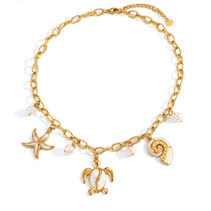 Collar con Temática Oceánica, Chapado en Oro de 18k, con Colgante de Tortuga, Concha y Estrella de Mar, Joyería de Moda para Festivales y Celebraciones - Product Image 5