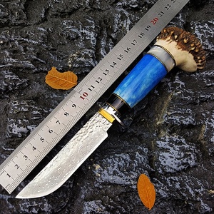 Coltello da Caccia e Soccorso in Acciaio Damascato con Fodero in Pelle di Mucca, Manico in Corno di <span class=keywords><strong>Cervo</strong></span>, Lama Fissa Fai-da-Te OEM 9,6cm, 60HRC - Product Image 2
