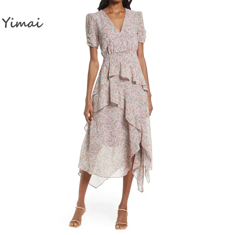 Wholesale Custom Short Puff Sleeves Tiered Ruffle Elegant Midi Dress Casual Women Dresses