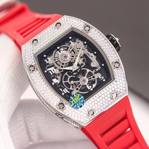 Montre de luxe de style hip-hop haut de gamme pour homme, automatique, mécanique, squelette, avec diamants incrustés, boîtier argenté, bracelet en caoutchouc <span class=keywords><strong>rouge</strong></span> - Product Image 1