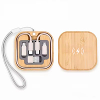 Kit de Cargador Inalámbrico Cuadrado 7 en 1 de 15W y Cable, Adaptador Multi USB, Cable de Carga Rápida, Caja de Almacenamiento de Bambú con Transferencia de Datos