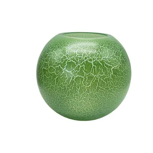 Wholesale unique design Spherical hollow green glass vase decorated with cracked lacquered decoration