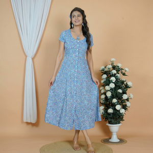 Robe midi vintage à fleurs, manches courtes, col en U, coupe trapèze, décontractée, printemps/automne, respirante, 100 % coton, infroissable, pour la plage ou les fêtes - Product Image 1