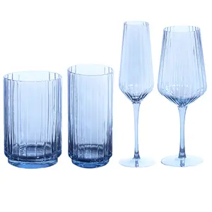Винный бокал в рубчик яркого цвета, выдувные вручную кристально прозрачные ребристые бокалы, современный комплект стеклянной посуды с длинным стволом