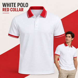<b>White</b> <b>Polo</b> Shirt With Red Collar Contrast Trim Short Sleeve Mens <b>Golf</b> Top Custom Logo Team Uniform Private Label Clothing - Product Image 1