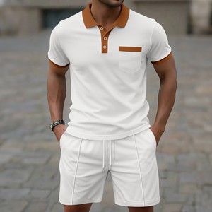 Nouvel Ensemble Deux Pièces Été 2025 <span class=keywords><strong>Homme</strong></span>: <span class=keywords><strong>Polo</strong></span> Gaufré à Manches Courtes, Blocs <span class=keywords><strong>de</strong></span> Couleurs et Poches, avec Short Uni - Product Image 5