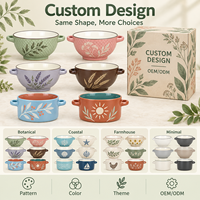 Bol à soupe en céramique style ferme à double poignée, imprimé floral, pour flocons d'avoine et salades, motif et couleur personnalisés, boîte cadeau, OEM ODM, vente en gros