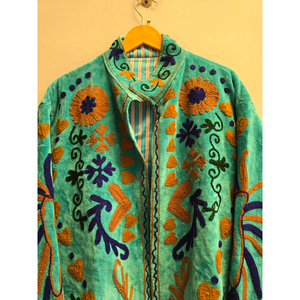 Turquoise <b>Velvet</b> <b>Women's</b> <b>Jacket</b> with Floral Embroidery, Mandarin Collar, Front Zipper, Long Sleeves, Prairie Chic Autumn Coat - Product Image 4