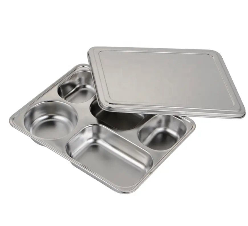 Food grade stainless steel SUS304 five compartments school lunch box fast food tray divided dinner plate tray with lid/cover