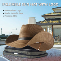 Chapeau de cowboy pliable en herbe naturelle, protection solaire, à large bord, avec sangle de menton, unisexe, pour activités de plein air, voyage, usage quotidien, pêche et cyclisme
